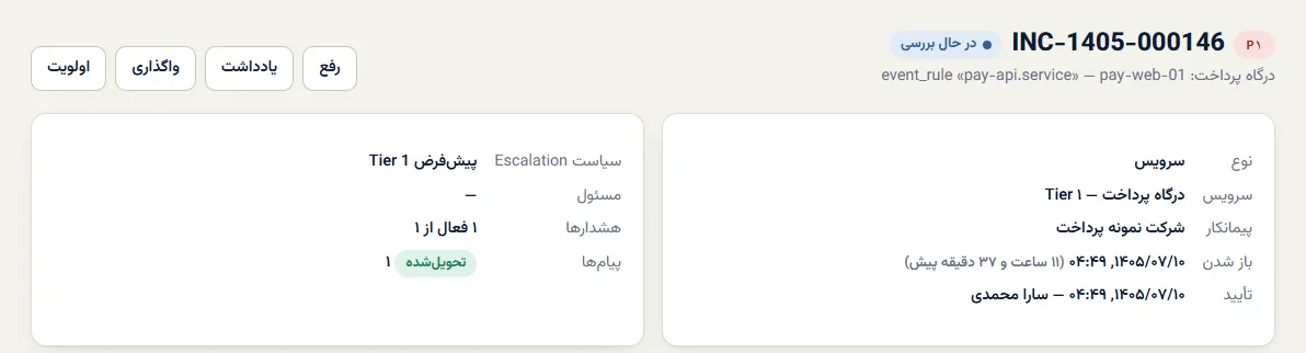 جزئیات رخداد در سامانه پایش و مدیریت رخداد